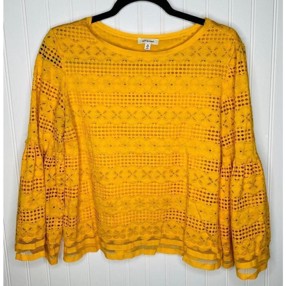 Women's Max Studio Yellow Eyelet Bell Sleeve Top - Size M